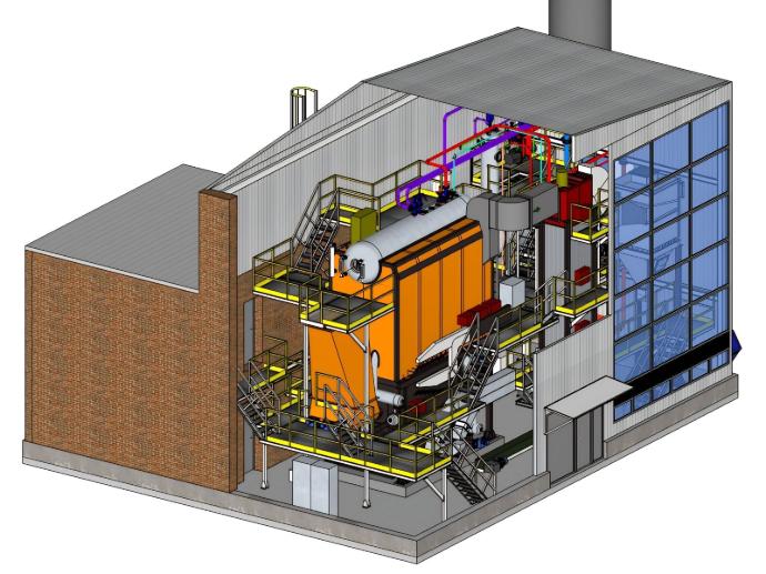 3D-модель котельні, збудованої з нуля для заводу з виробництва вівсяних пластівців, з паровим котлом 4 т/год на вівсі та резервним газовим котлом 2,5 т/год