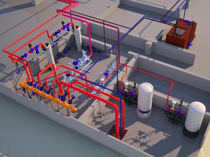 3D-модель пароконденсатної системи виробничого цеху заводу з переробки соків, куди надходить пар від котельні ENERGO.DESIGN