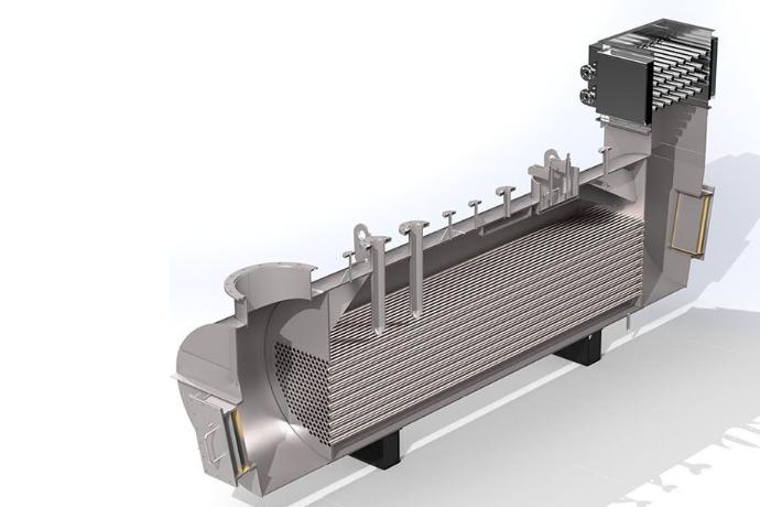 Розріз парового котла-утилізатора з основними елементами теплообмінного блоку